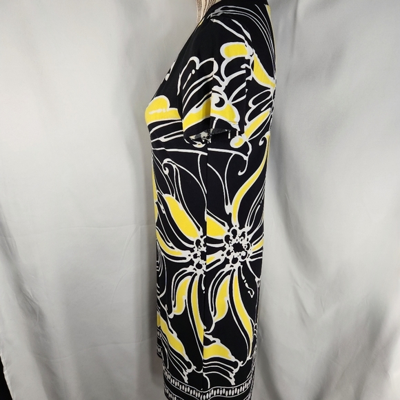 Tiana B. Black Yellow White Floral Short Sleeve Zipper Front Neck Dress Sz Small - Picture 5 of 8